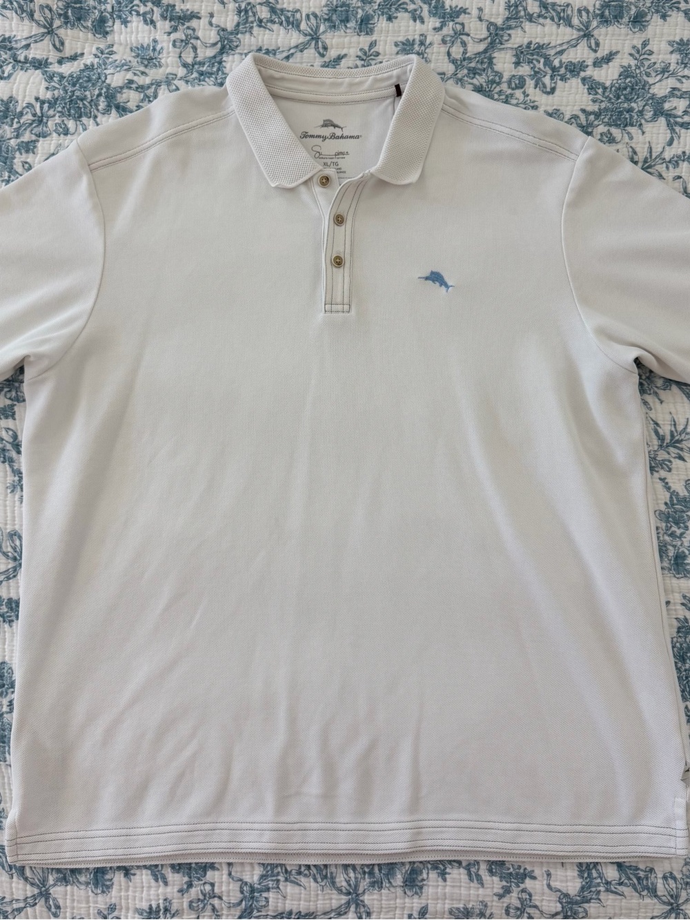 Tommy Bahama Men’s White Polo with Light Blue Marlin